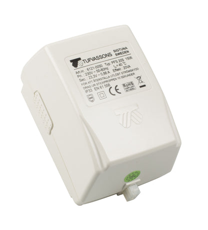 Tufvassons netadapter hvid, AC 17 V 20 VA, tekniske specifikationer og certifikat-symboler, 2-polet låsbart stik, grøn komponent.