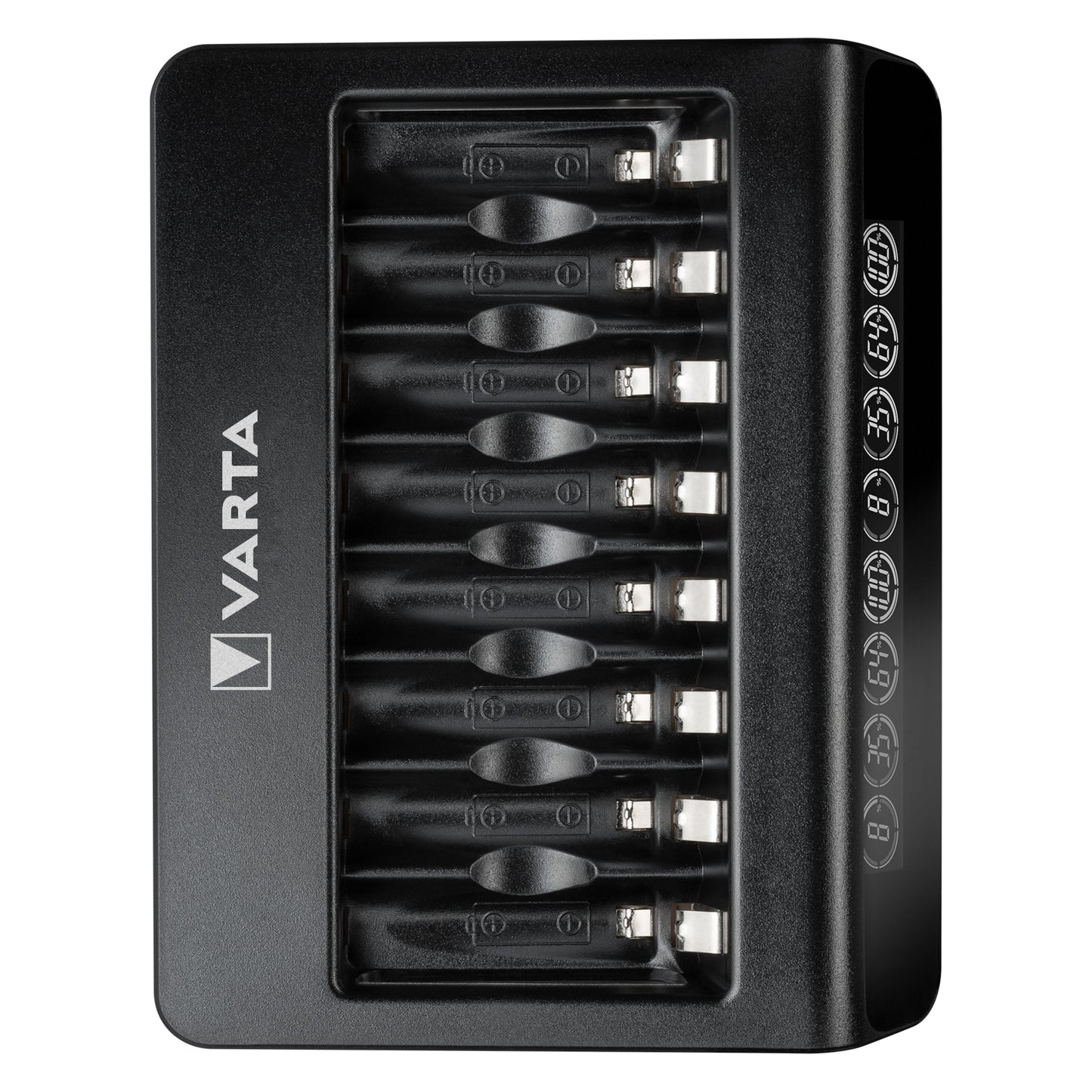 Varta LCD Multi Oplader+ oplader til 8x AA/AAA, fladt design, sideindikator for ladestatus, USB-C port.