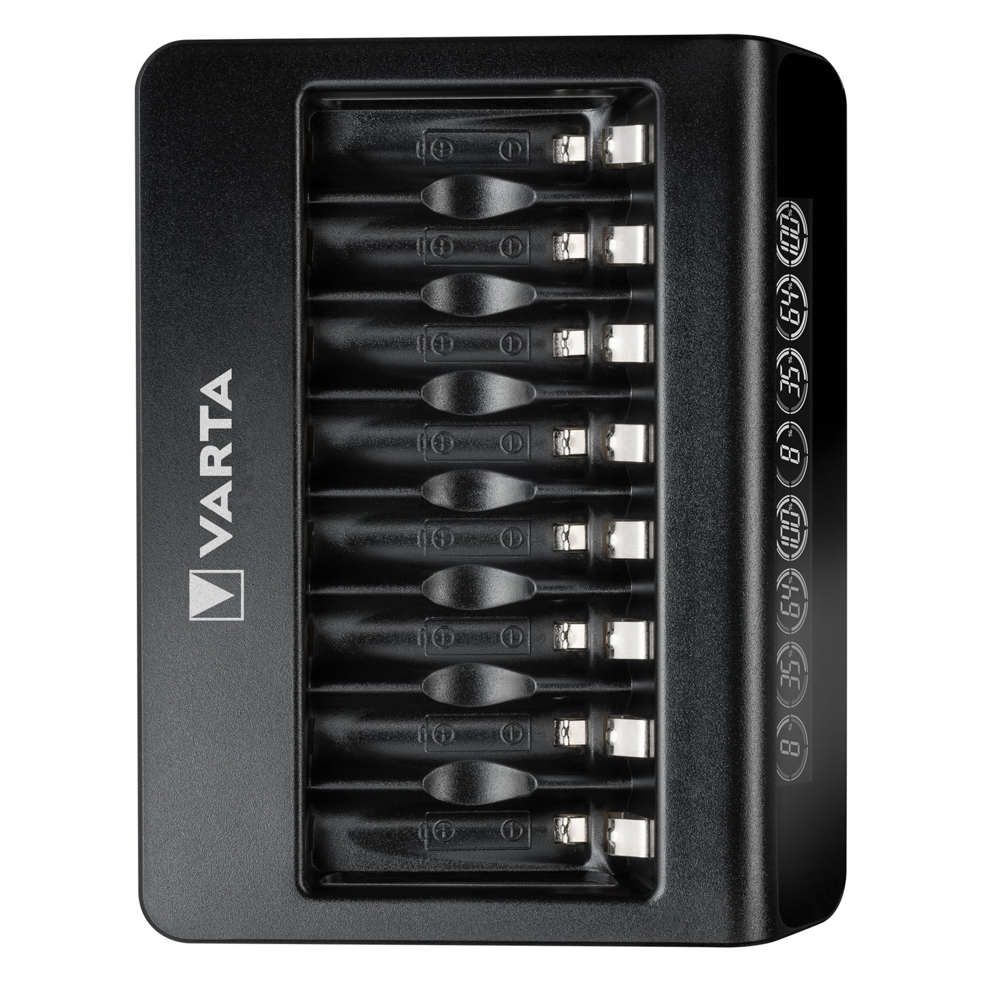 Varta LCD Multi Oplader+ oplader til 8x AA/AAA, fladt design, sideindikator for ladestatus, USB-C port.