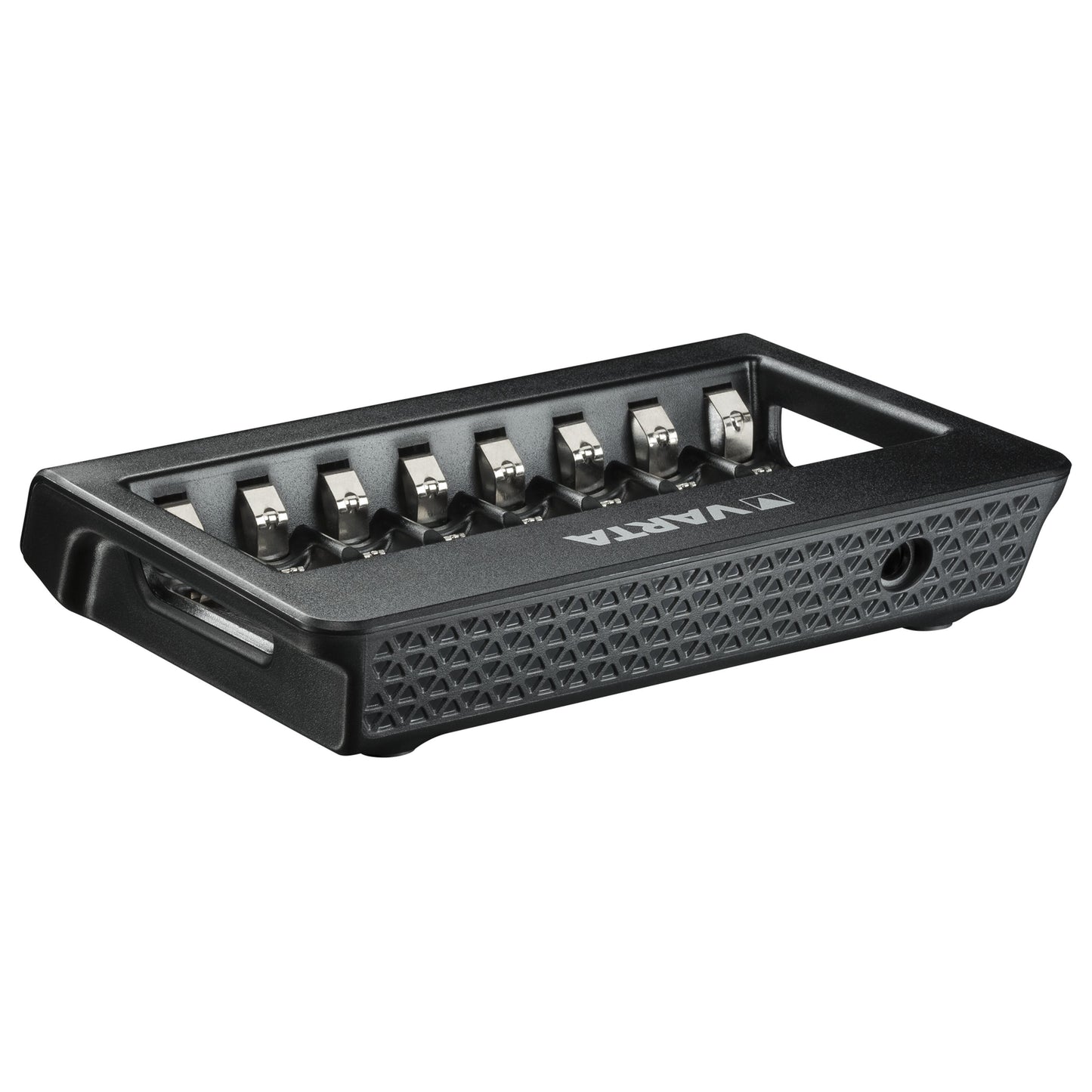 Varta LCD Multi Oplader+ Batterioplader sort, rektangulær, 8x AA/AAA slots, USB-port i enden, tekstureret overflade.