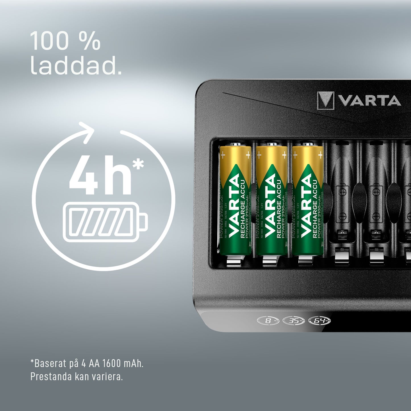 Varta LCD Multi Oplader+ Batterioplader oplader 4 AA genopladelige batterier, display viser 4h og "100 laddad.
