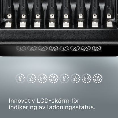 Varta LCD Multi Oplader+ Batterioplader display med ladestatus 8, 35, 64, 100 og svensk tekst til AA/AAA-batterier.