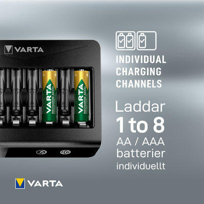 Varta LCD Multi Oplader oplader 1-8 AA/AAA batterier, individuelle ladekanaler på LCD-skærm, Varta-logo nederst til venstre.