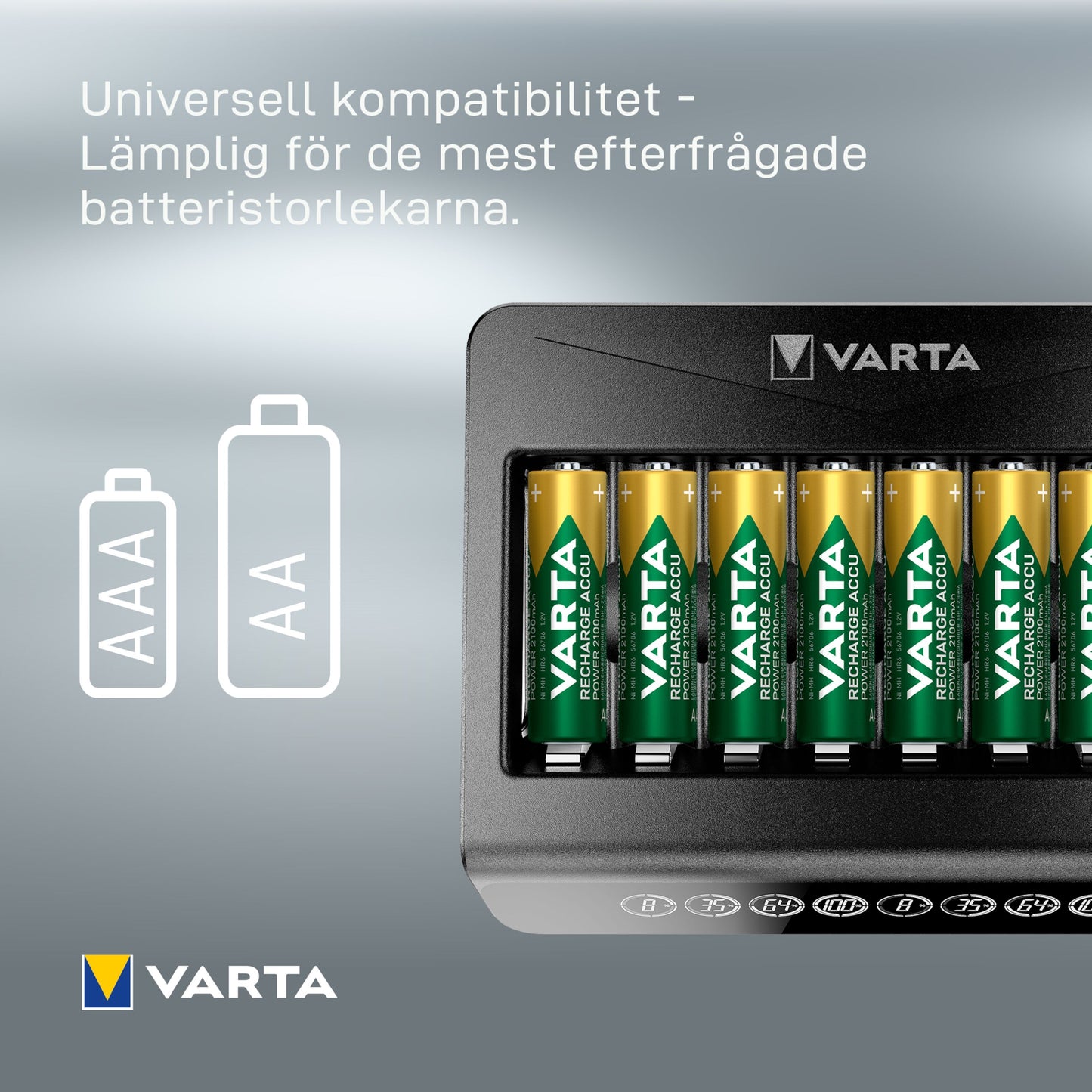Varta LCD Multi Oplader+ med otte AA genopladelige batterier, understøtter AA/AAA, Varta-logo og svensk tekst på boksen.