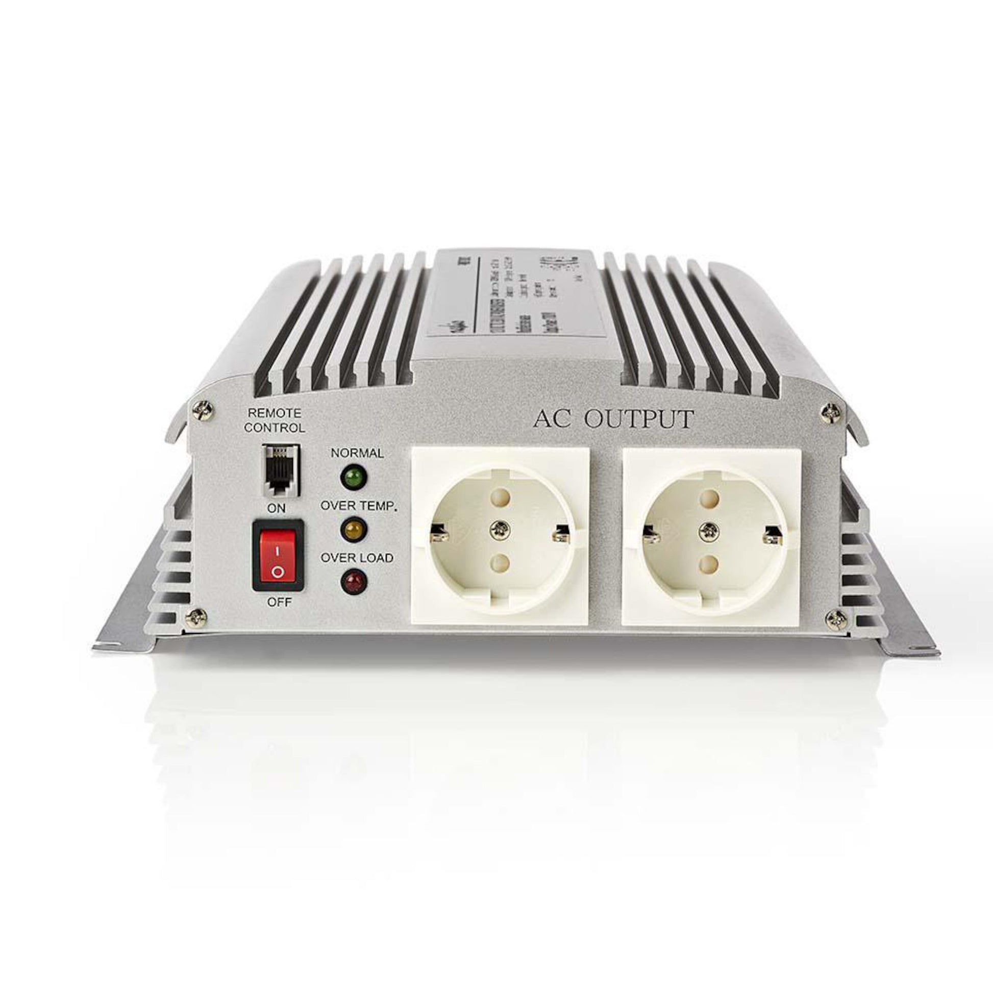 Omskifter, modificeret sinus 1700 W inverter, 12V til 230V, sølv, til EU-udtag, strømknap, statuslys, fjernbetjening venstre.