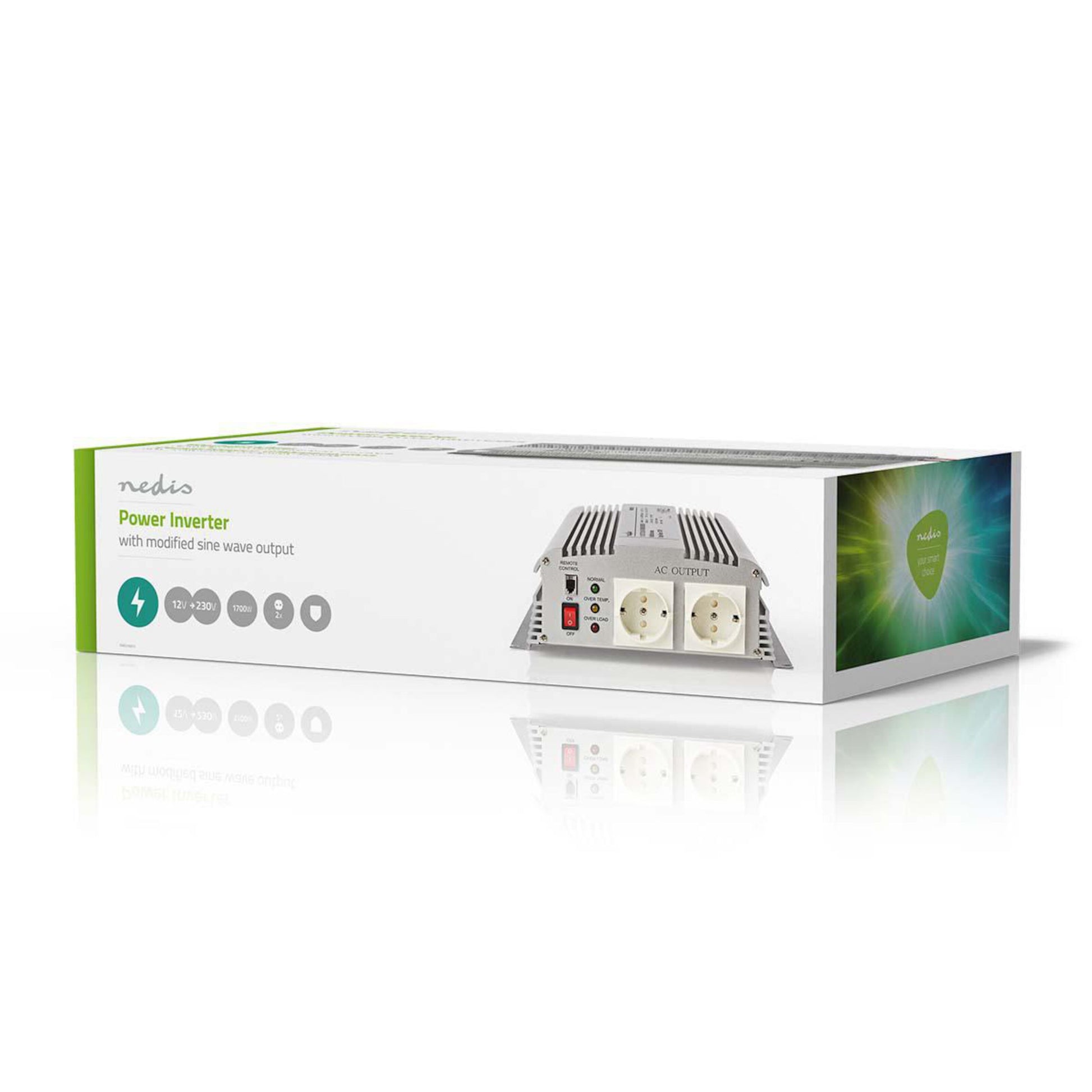 Nedis omskifter modificeret sinusformet bølge 1700 W, to front AC-udtag, produktdetaljer synlige på emballagen.