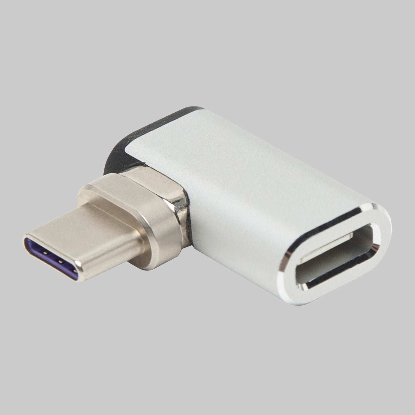 Magnetisk USB-C-adapter med vinkel, sølvfarvet, USB-C han og hun stik.