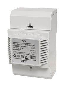 Tufvassons installationstransformator 24V AC 60W med synlig label for volt, ampere, frekvens og sikkerhedscertificeringer.