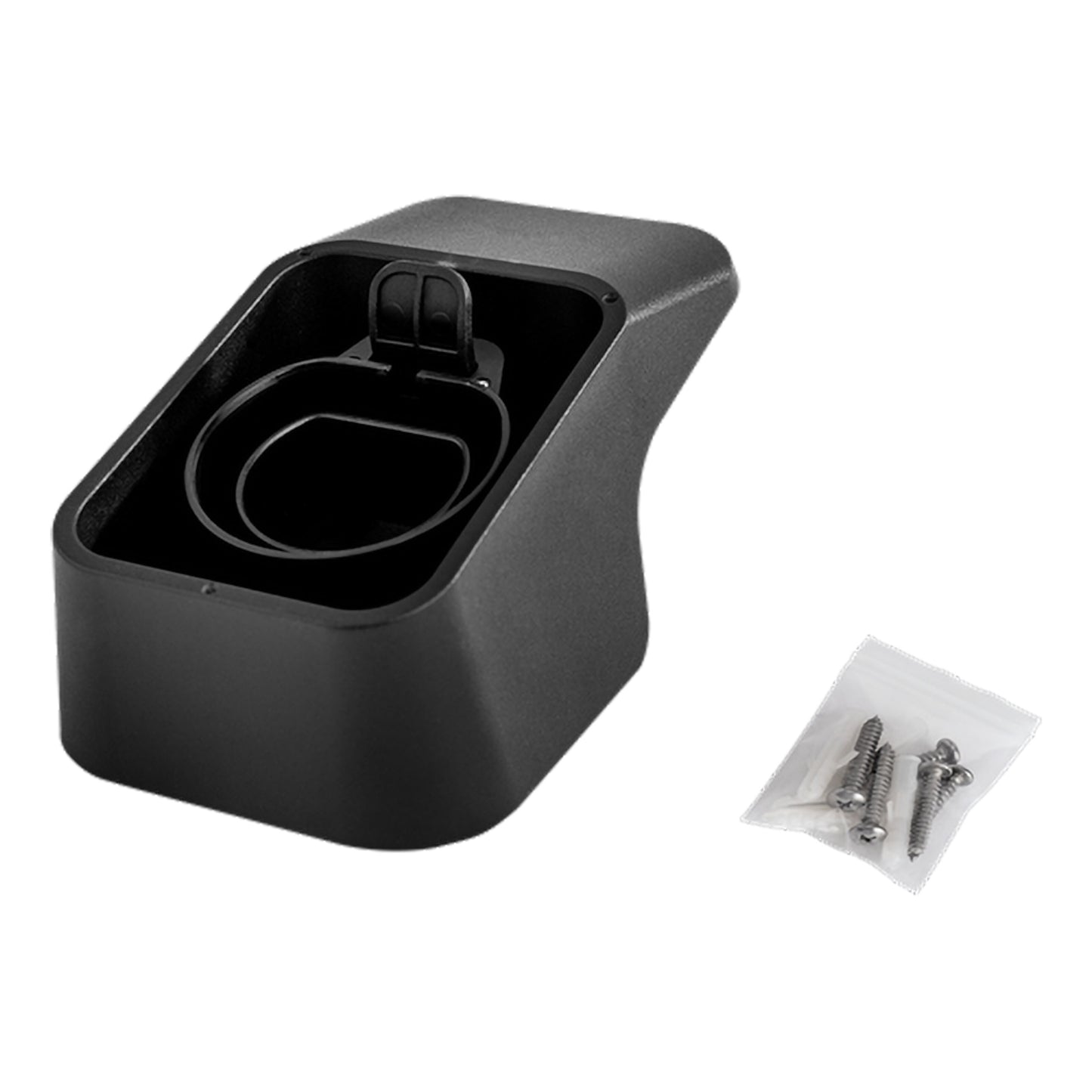 Deltaco vægbeslag til Type 2 opladningskabel, sort plast, med åbent spor og lås, inkl. skruer og rawlplugs.