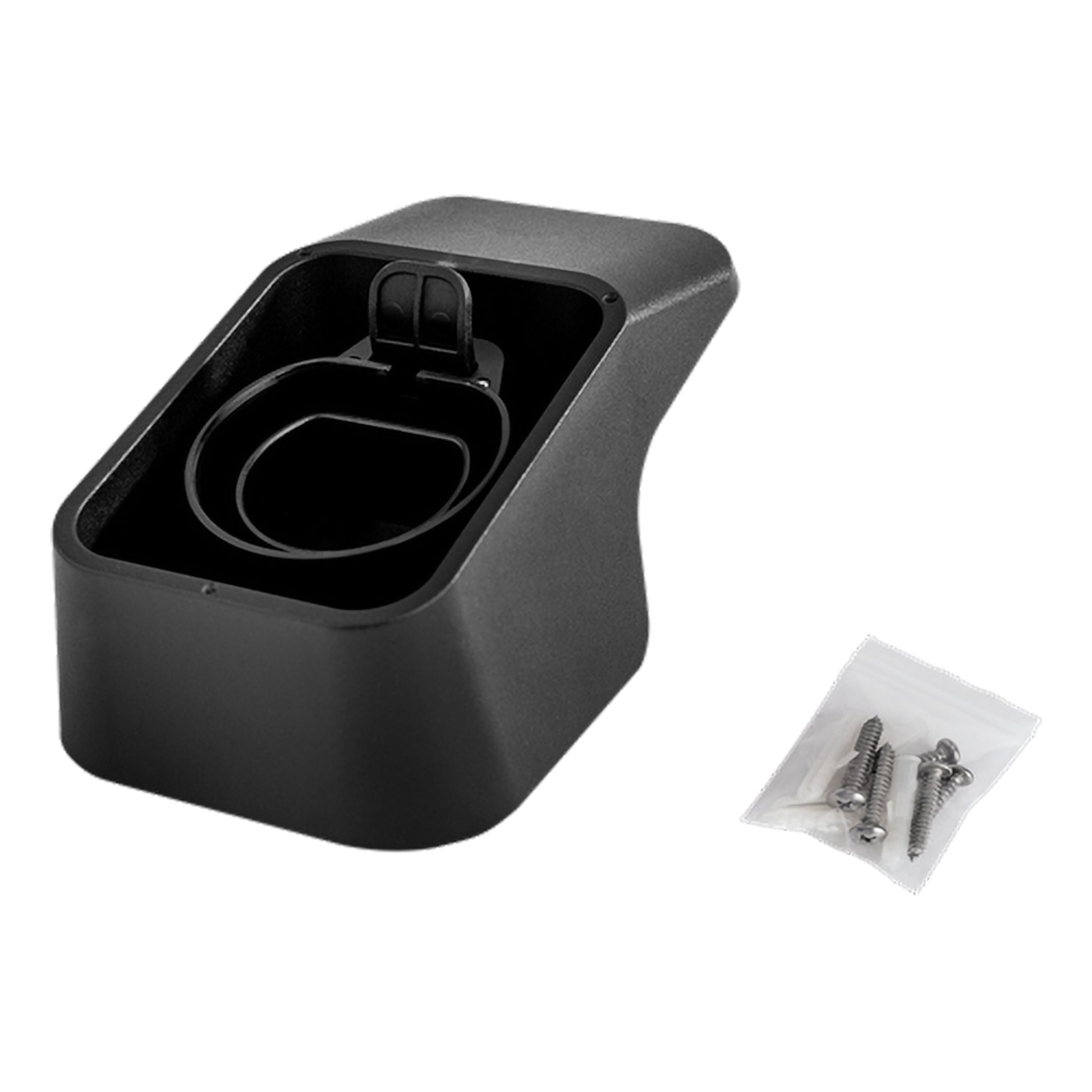 Deltaco vægbeslag til Type 2 opladningskabel, sort plast, med åbent spor og lås, inkl. skruer og rawlplugs.