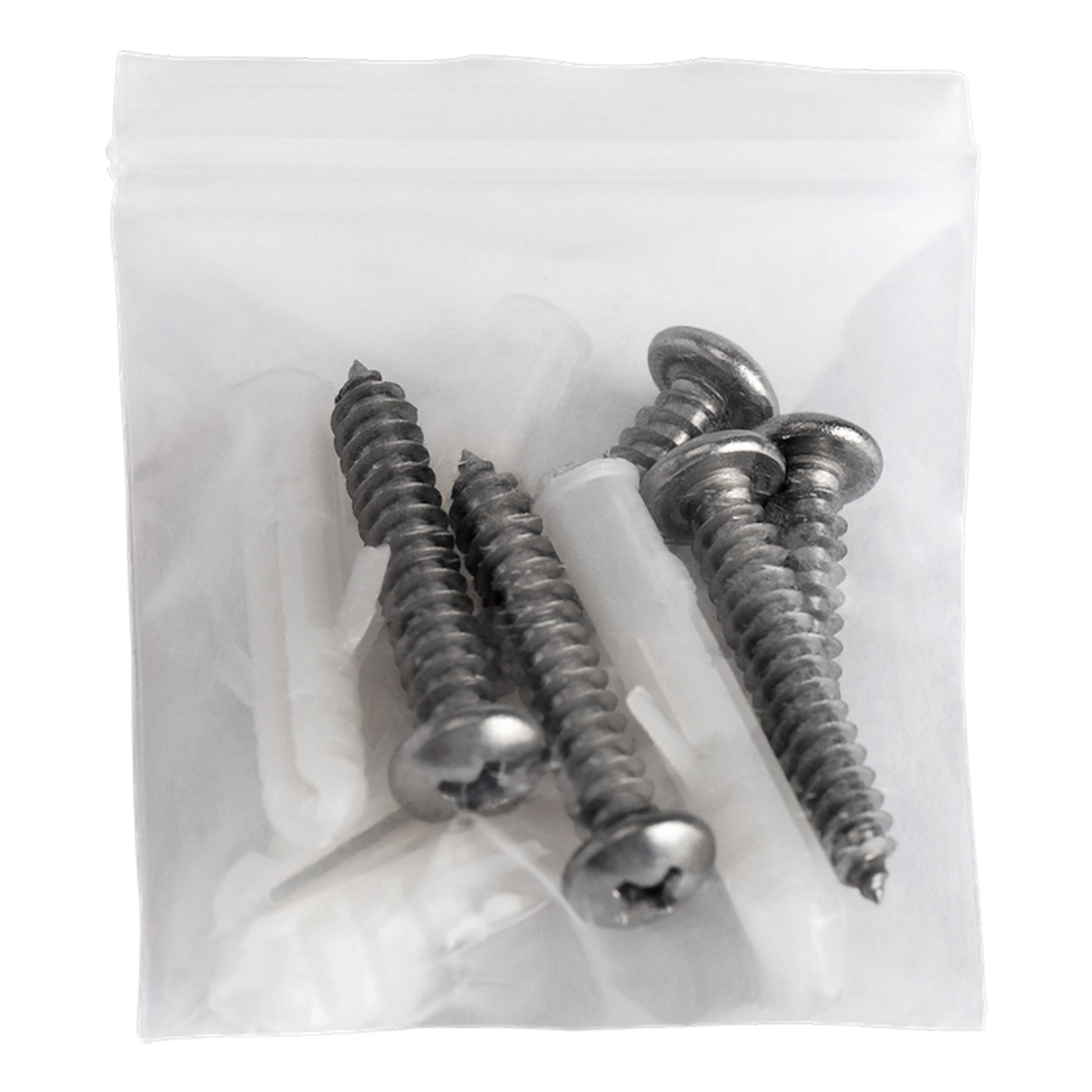 Deltaco vægbeslag dele til Type 2 opladningskabel, metal skruer og hvide rawlplugs i gennemsigtig plastpose.