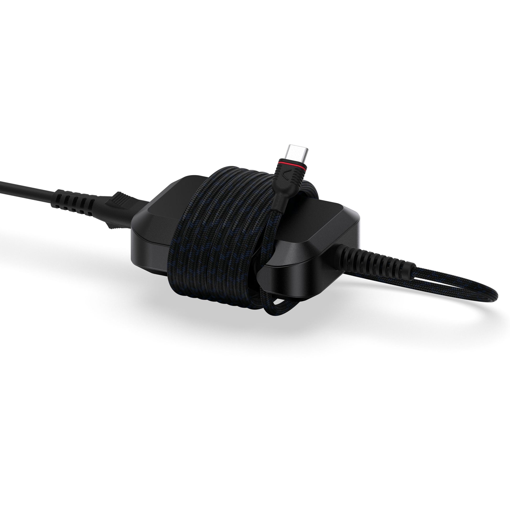 Unisynk GaN-oplader USB-C 65W sort med USB-C stik, omviklet kabel og ekstra kabel på modsatte side.