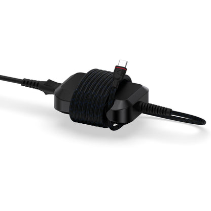 Unisynk GaN-oplader USB-C 65W sort med USB-C stik, omviklet kabel og ekstra kabel på modsatte side.
