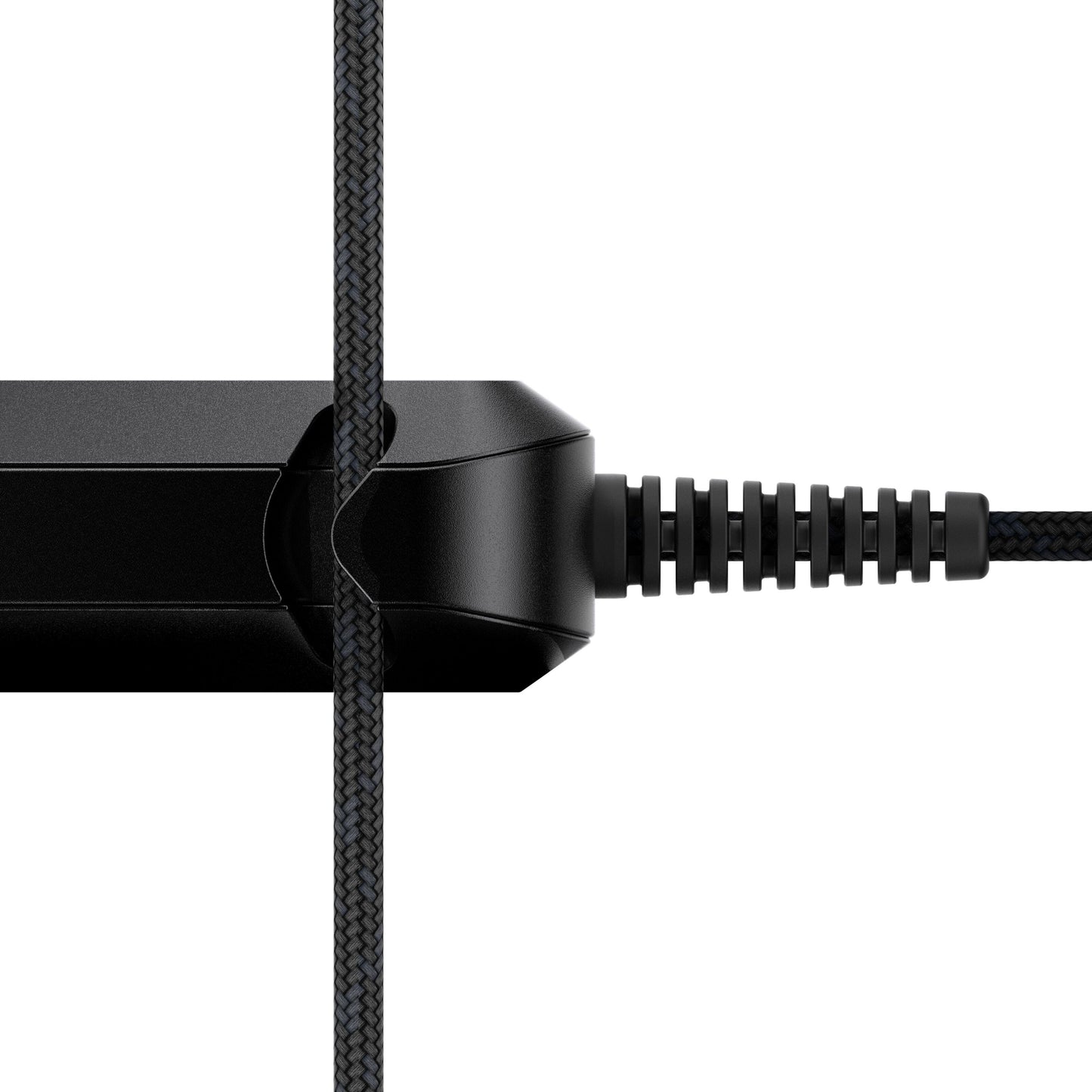Unisynk sorterer GaN-oplader USB-C 65W med flettet kabel isat og ekstra flettet kabel lodret, understøtter hurtig opladning.