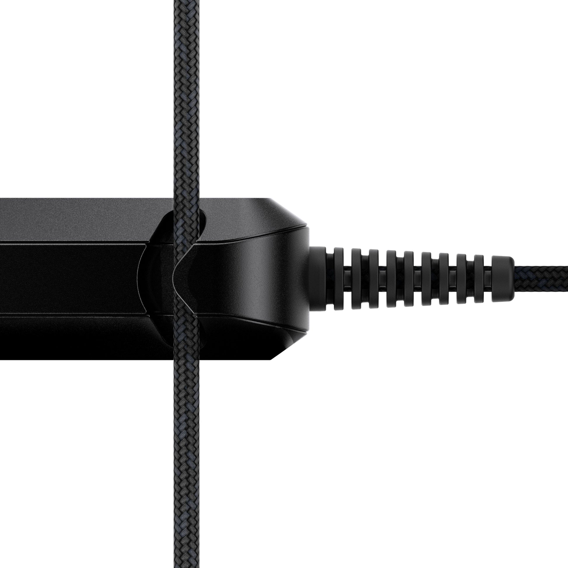 Unisynk sorterer GaN-oplader USB-C 65W med flettet kabel isat og ekstra flettet kabel lodret, understøtter hurtig opladning.