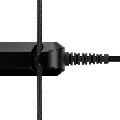Unisynk sorterer GaN-oplader USB-C 65W med flettet kabel isat og ekstra flettet kabel lodret, understøtter hurtig opladning.