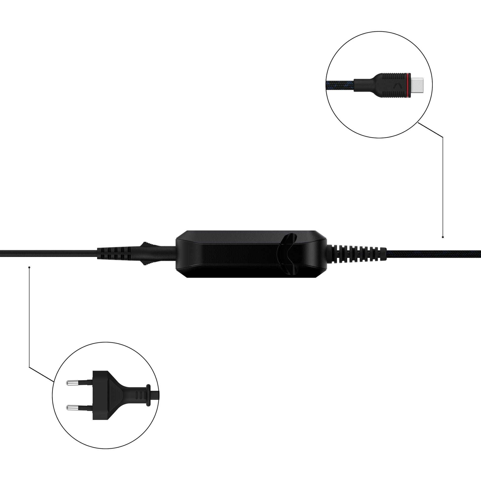 Unisynk GaN oplader 65W USB-C, europæisk stik, USB-C port, vises horisontalt med callouts for hurtig opladning.