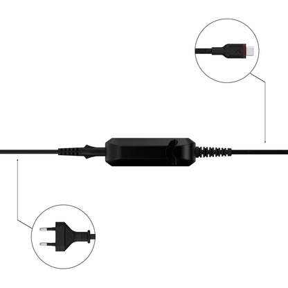 Unisynk GaN oplader 65W USB-C, europæisk stik, USB-C port, vises horisontalt med callouts for hurtig opladning.