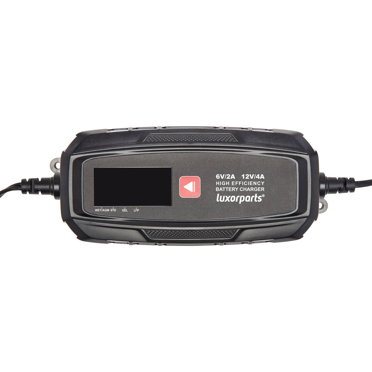 Bilbatterilader 4 A sort, fuldautomatisk med digitalt display, kabler i siderne, lader 6V/2A eller 12V/4A.