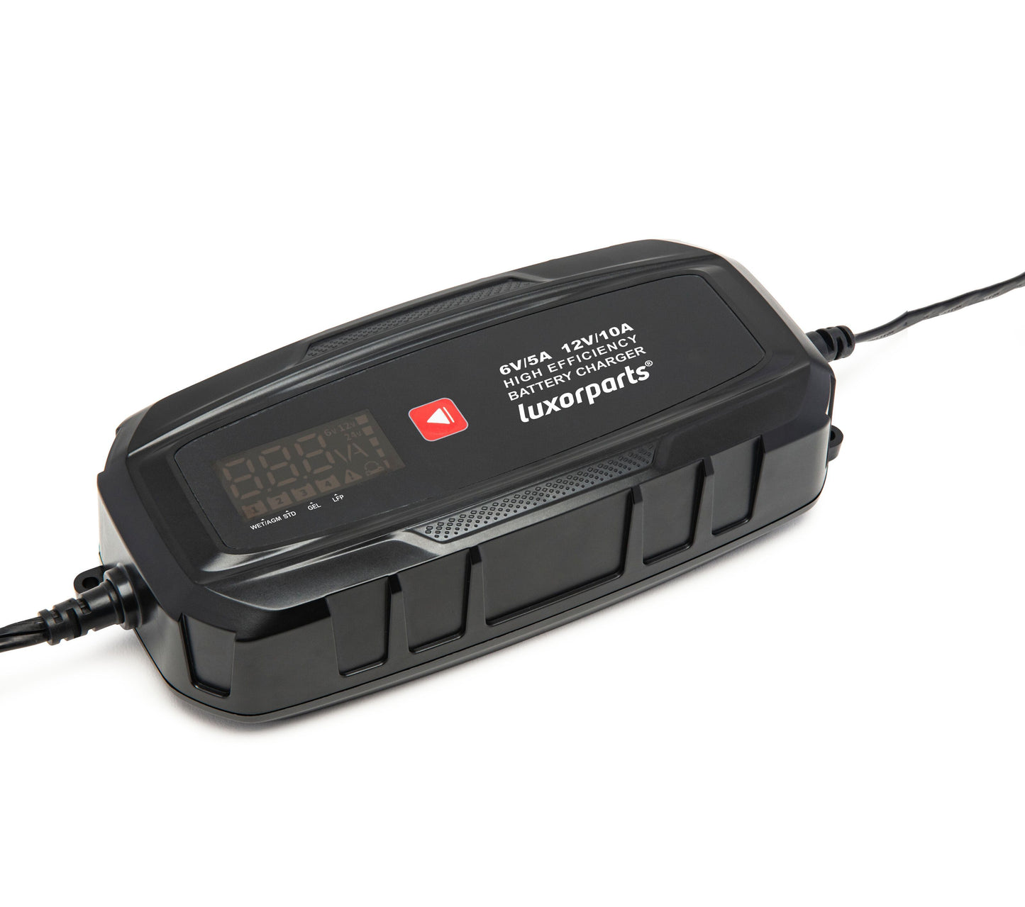 Luxorparts Bilbatterioplader 10A sort, 3-trins opladning, digital display, tilsluttet strøm via to kabler.
