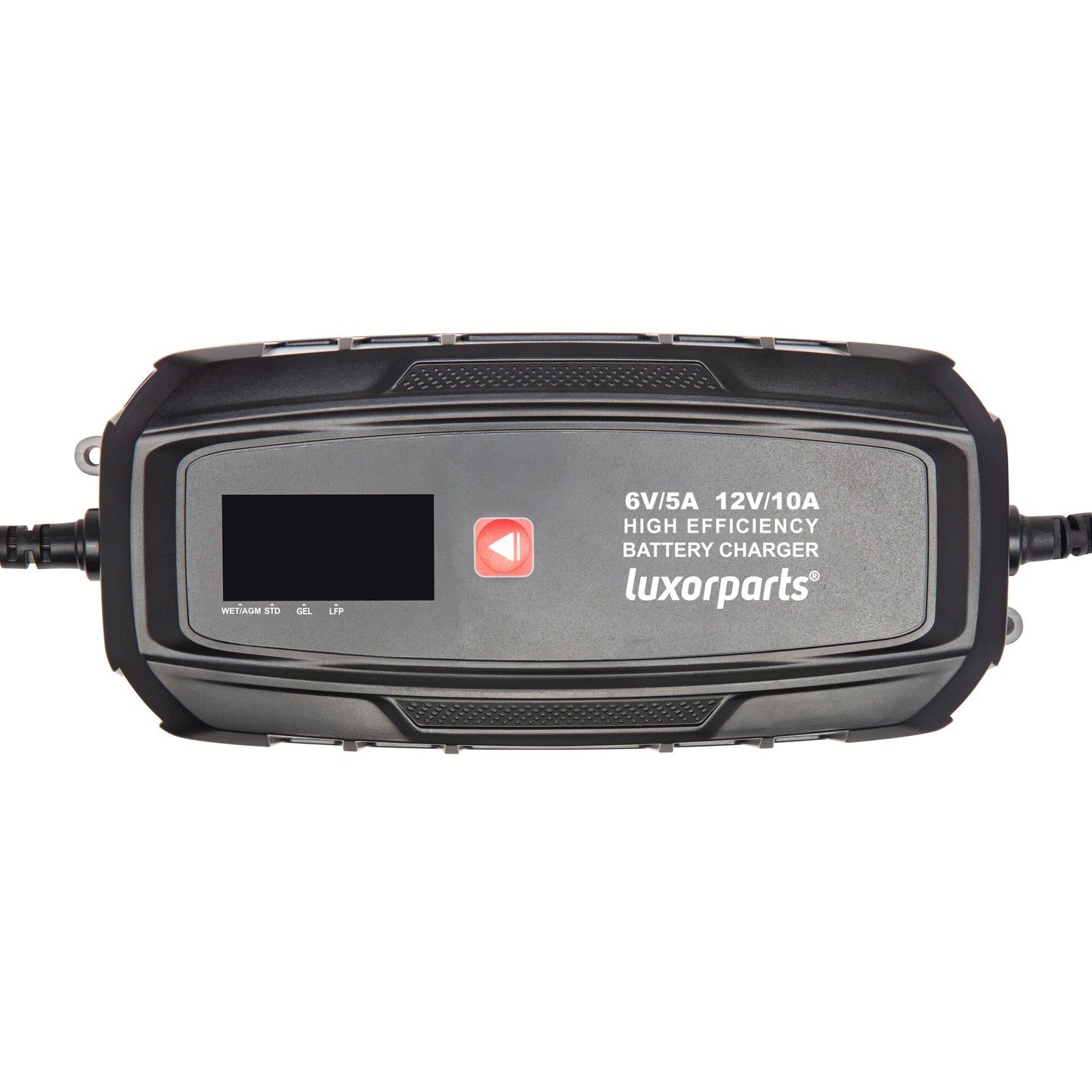 Bilbatterioplader 10 A sort rektangulær med 3-trins opladning, digitalt display, rød knap, viser 6V/5A og 12V/10A.
