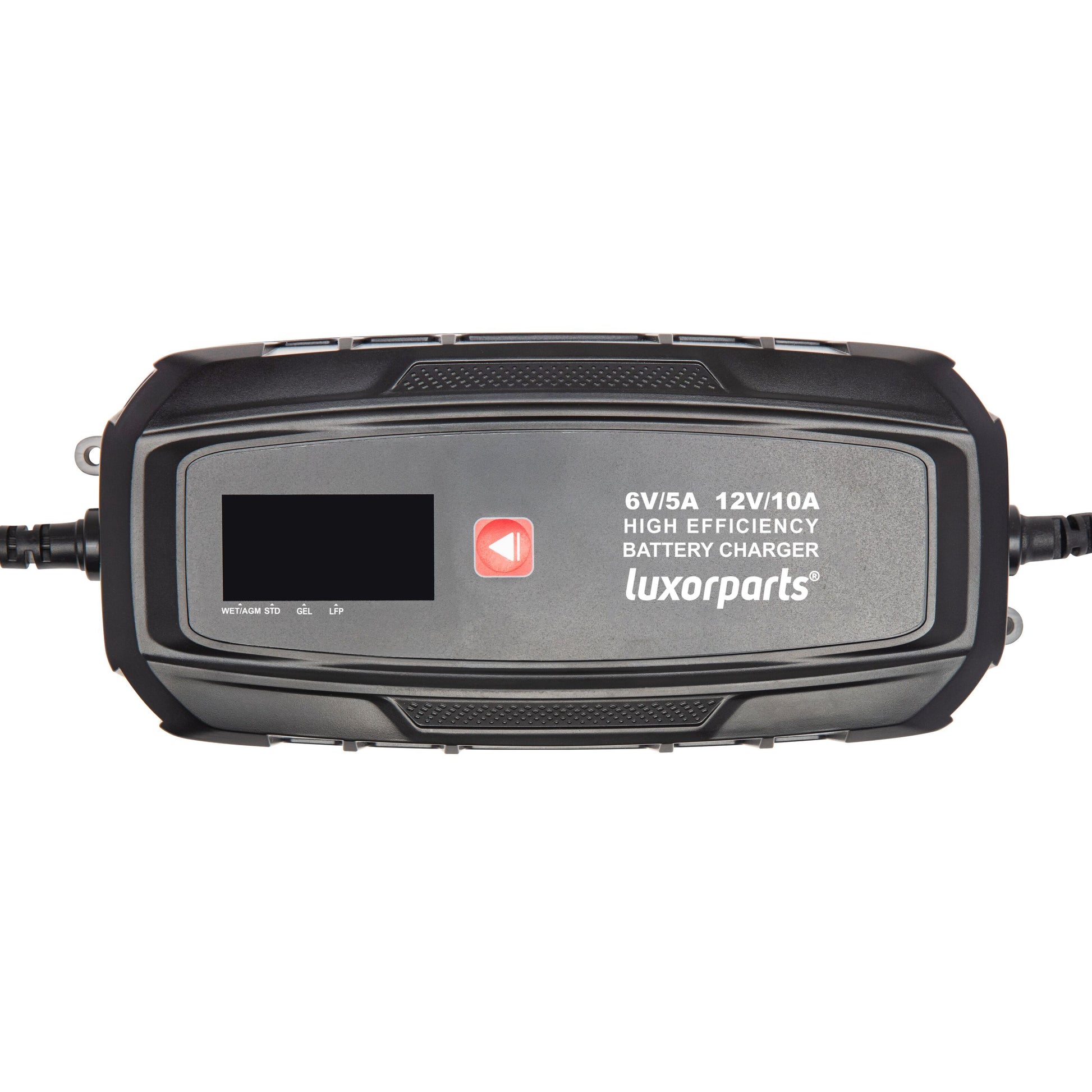 Bilbatterioplader 10 A sort rektangulær med 3-trins opladning, digitalt display, rød knap, viser 6V/5A og 12V/10A.