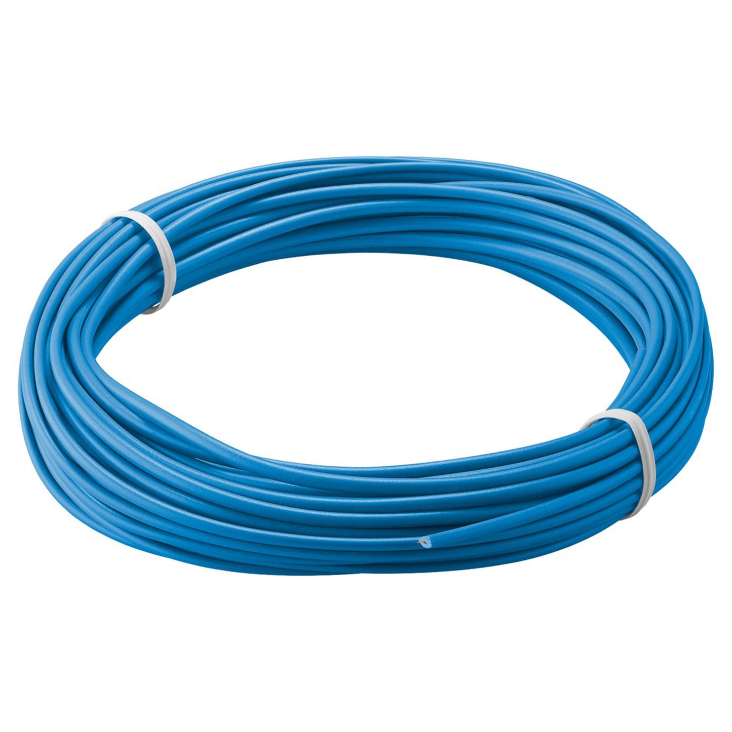 Goobay Isoleret forbindelsestråd 0,14 mm² blå 10 m rulle, samlet med to hvide bindere.