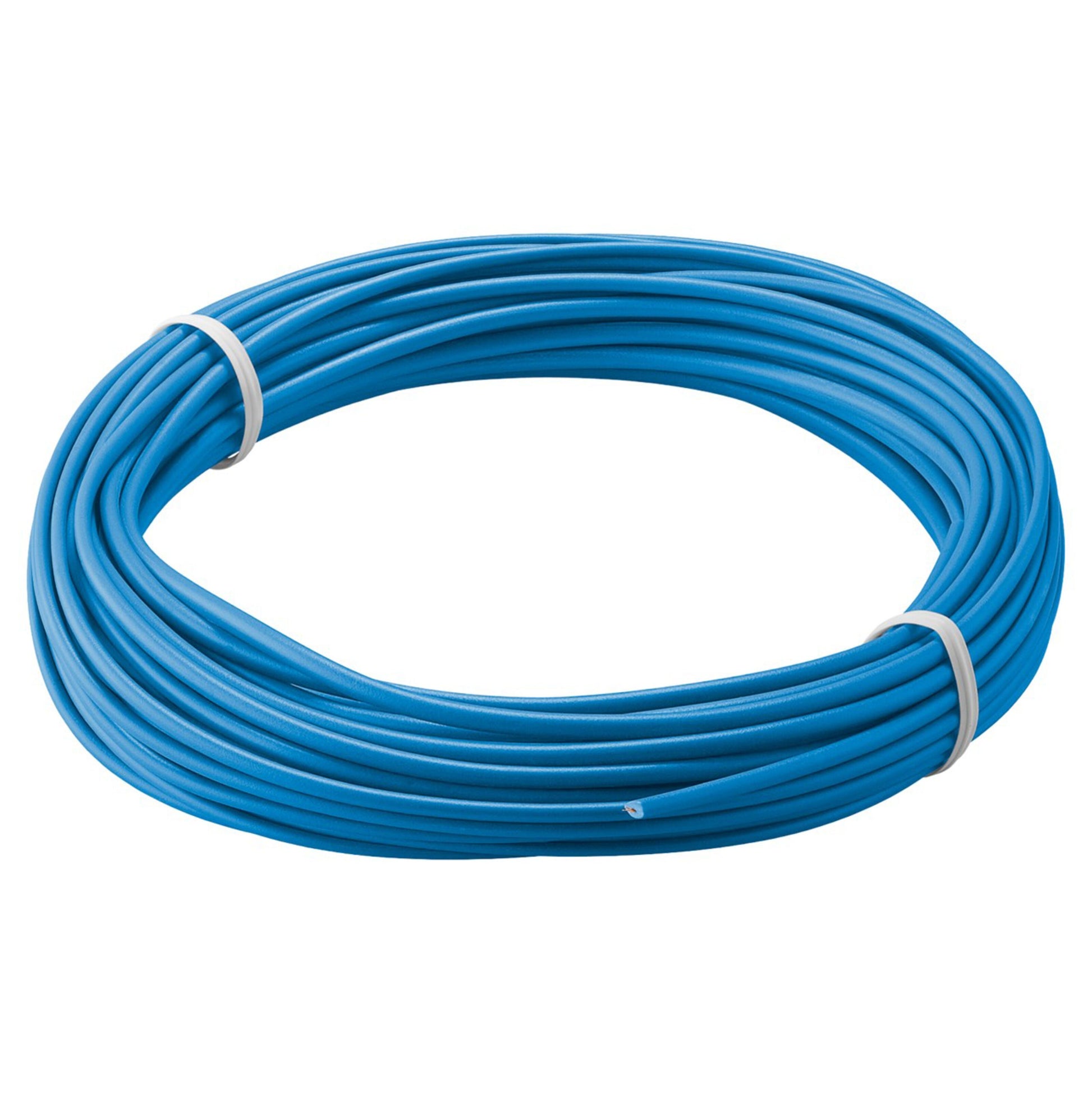 Goobay Isoleret forbindelsestråd 0,14 mm² blå 10 m rulle, samlet med to hvide bindere.