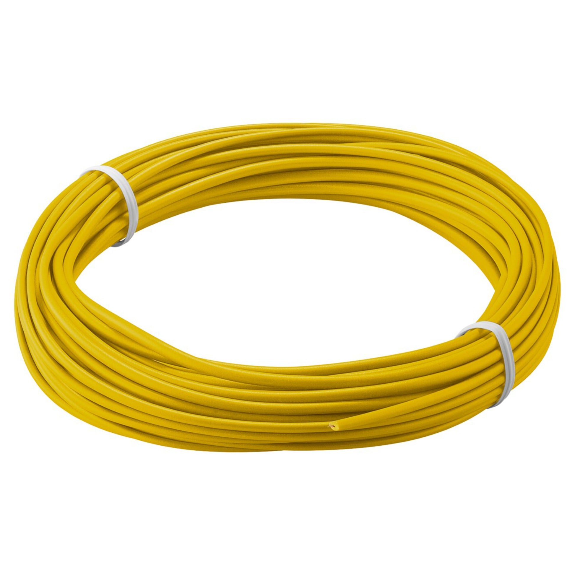 Goobay isoleret forbindelsestråd 0,14 mm² gul 10 m oprullet og bundtet med kabelbindere.
