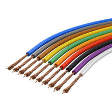 Forbindelsestråd 0,14 mm² i 10 farver til elektronik, blå, grå, brun, gul, grøn, orange, rød, sort og lilla.