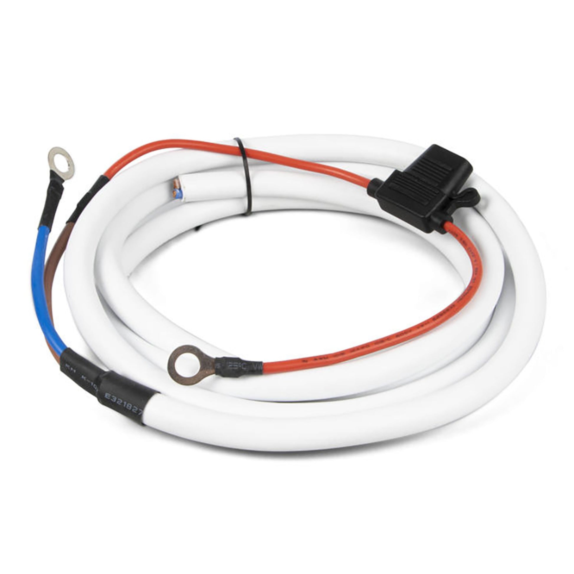 Solcellekabel med sikringsholder M8-tilslutning 2 m, hvid spiral, ringterminaler, rød/blå ledning, sort sikringsholder.