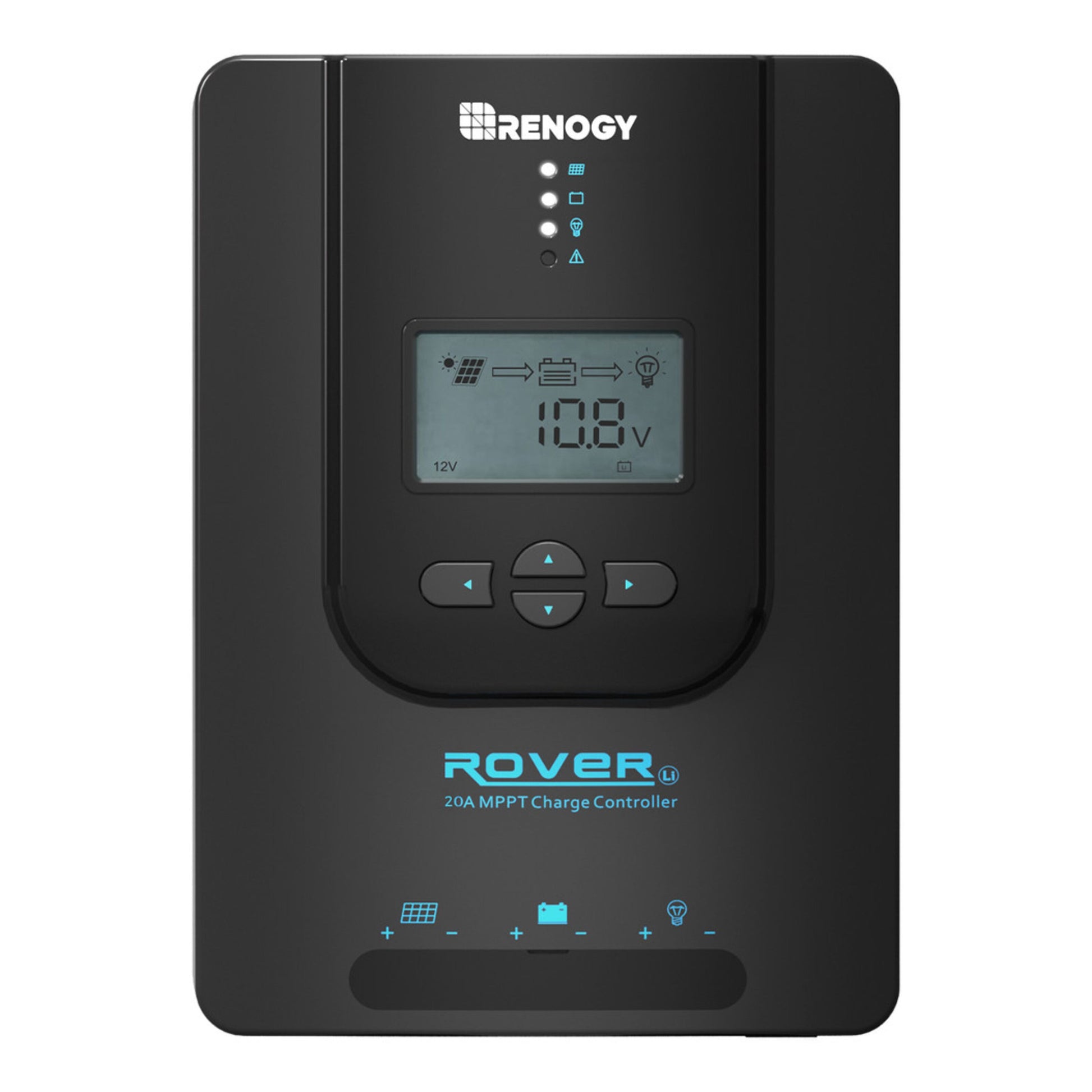 Renogy Rover solcelleladeregulator 20A MPPT sort med digitalt display, knapper, indikatorlys og mærkede porte.