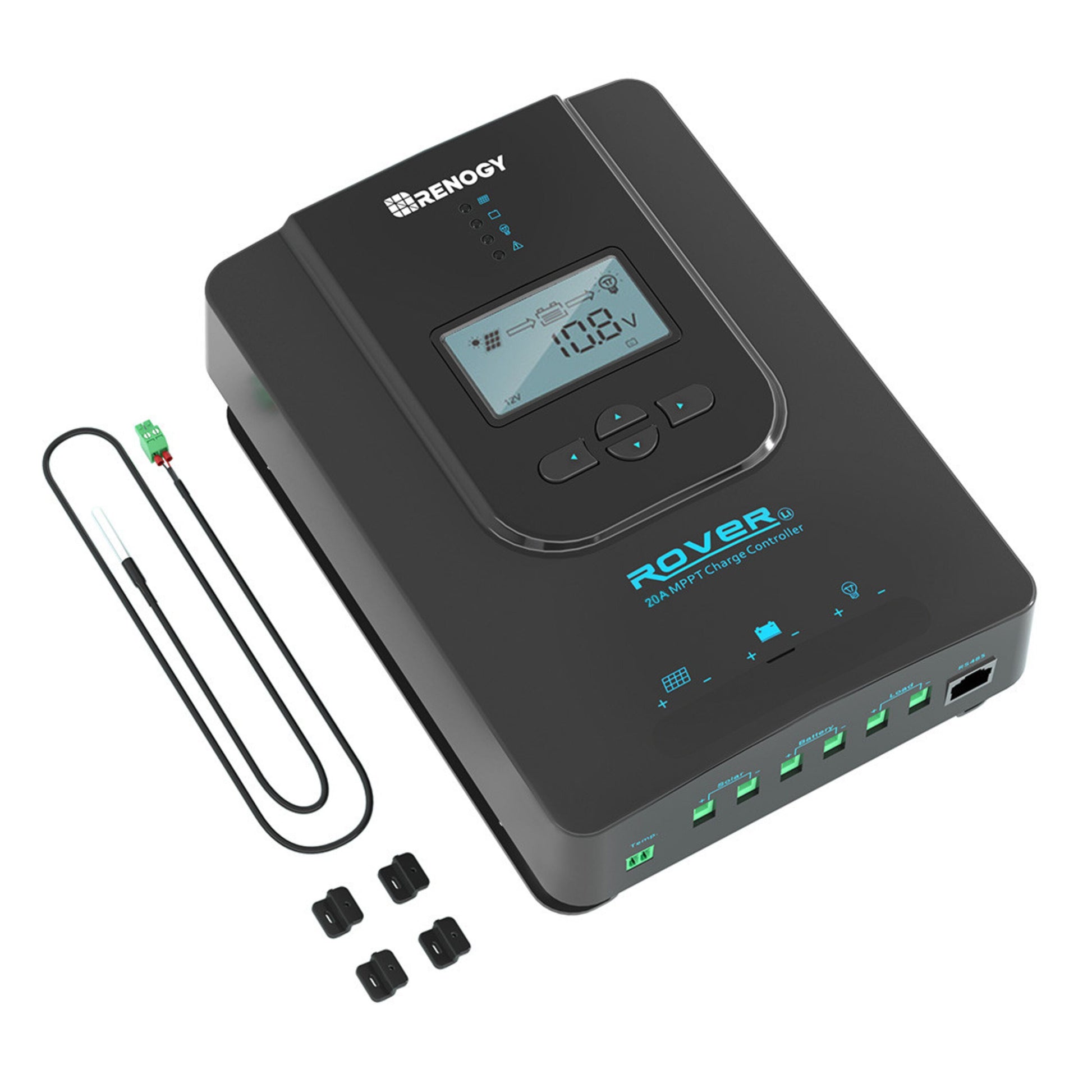 Renogy Rover 20A MPPT solcelleladeregulator sort med digitalt display, knapper, flere input/output-porte, stikledninger, monteringsudstyr.