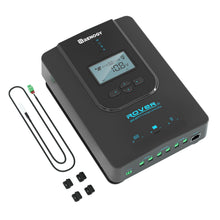 Renogy Rover 20A MPPT solcelleladeregulator sort med digitalt display, knapper, flere input/output-porte, stikledninger, monteringsudstyr.