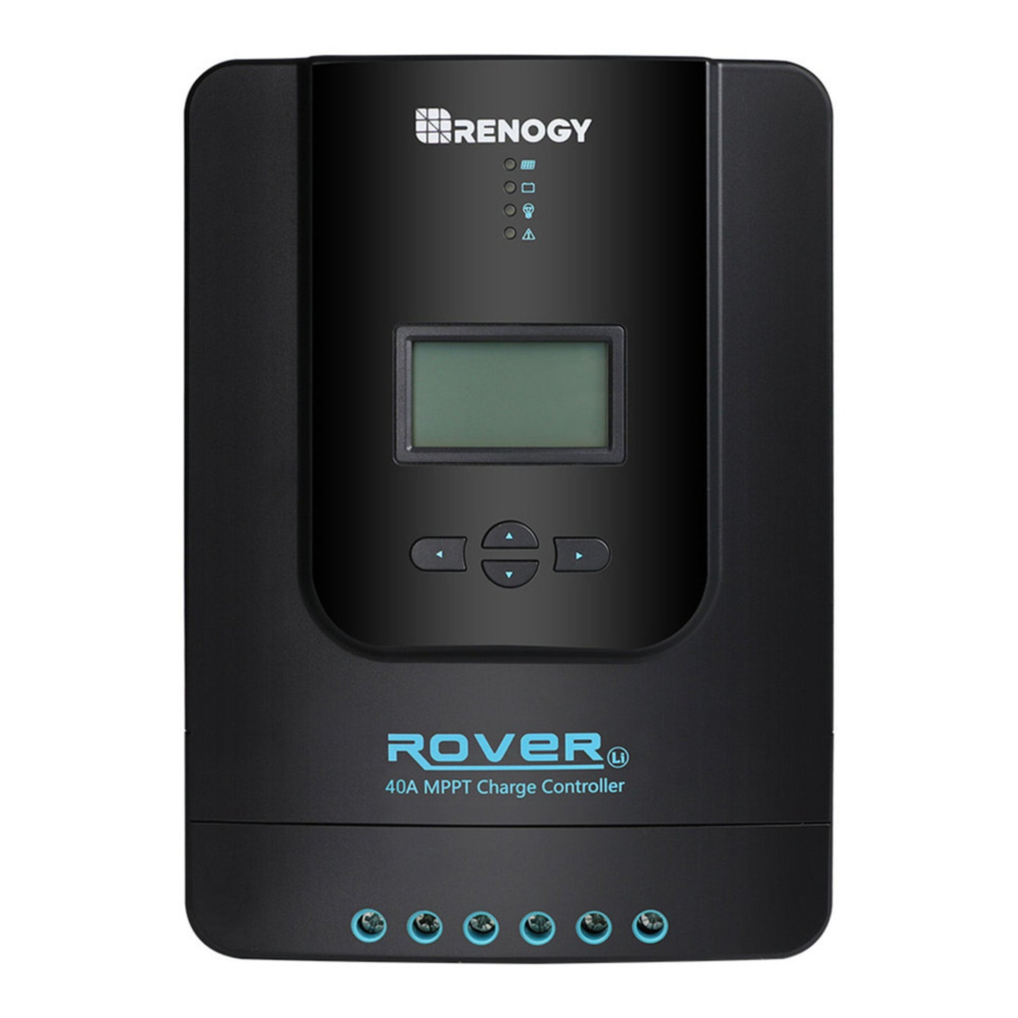 Renogy Rover solcelle regulator 40A MPPT sort med digitalt display, 4 knapper, indikatorlys og 6 tilslutningsporte nederst.