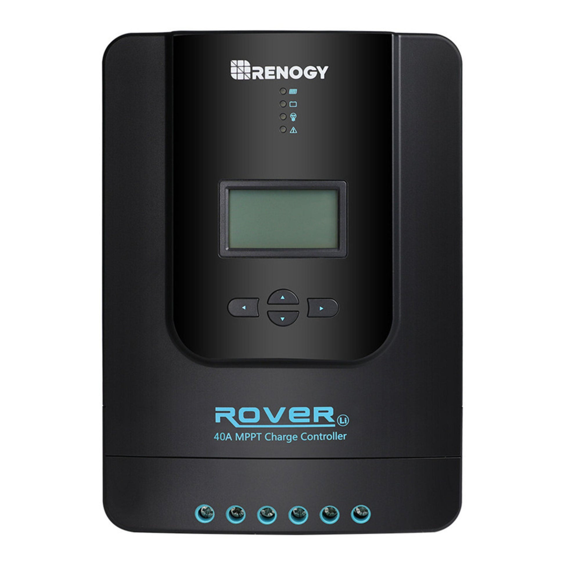Renogy Rover solcelle regulator 40A MPPT sort med digitalt display, 4 knapper, indikatorlys og 6 tilslutningsporte nederst.