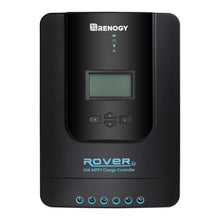 Renogy Rover solcelle regulator 40A MPPT sort med digitalt display, 4 knapper, indikatorlys og 6 tilslutningsporte nederst.