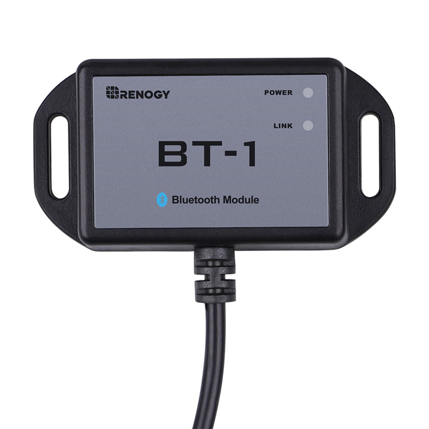 Renogy BT-1 Bluetooth-modul sorterer rektangulær med Power og Link indikatorlys samt kabel til solcelleregulator.