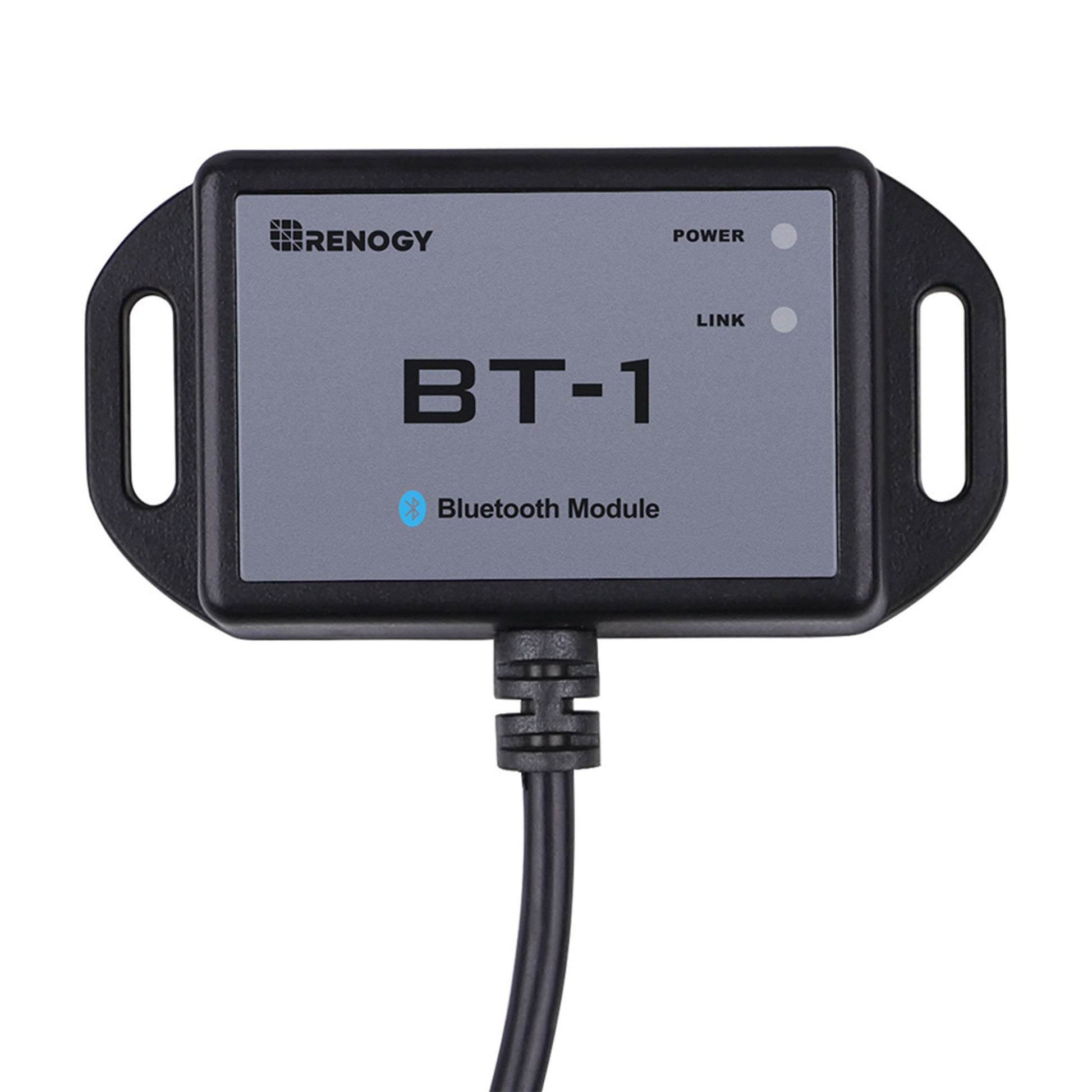 Renogy BT-1 Bluetooth-modul sorterer rektangulær med Power og Link indikatorlys samt kabel til solcelleregulator.