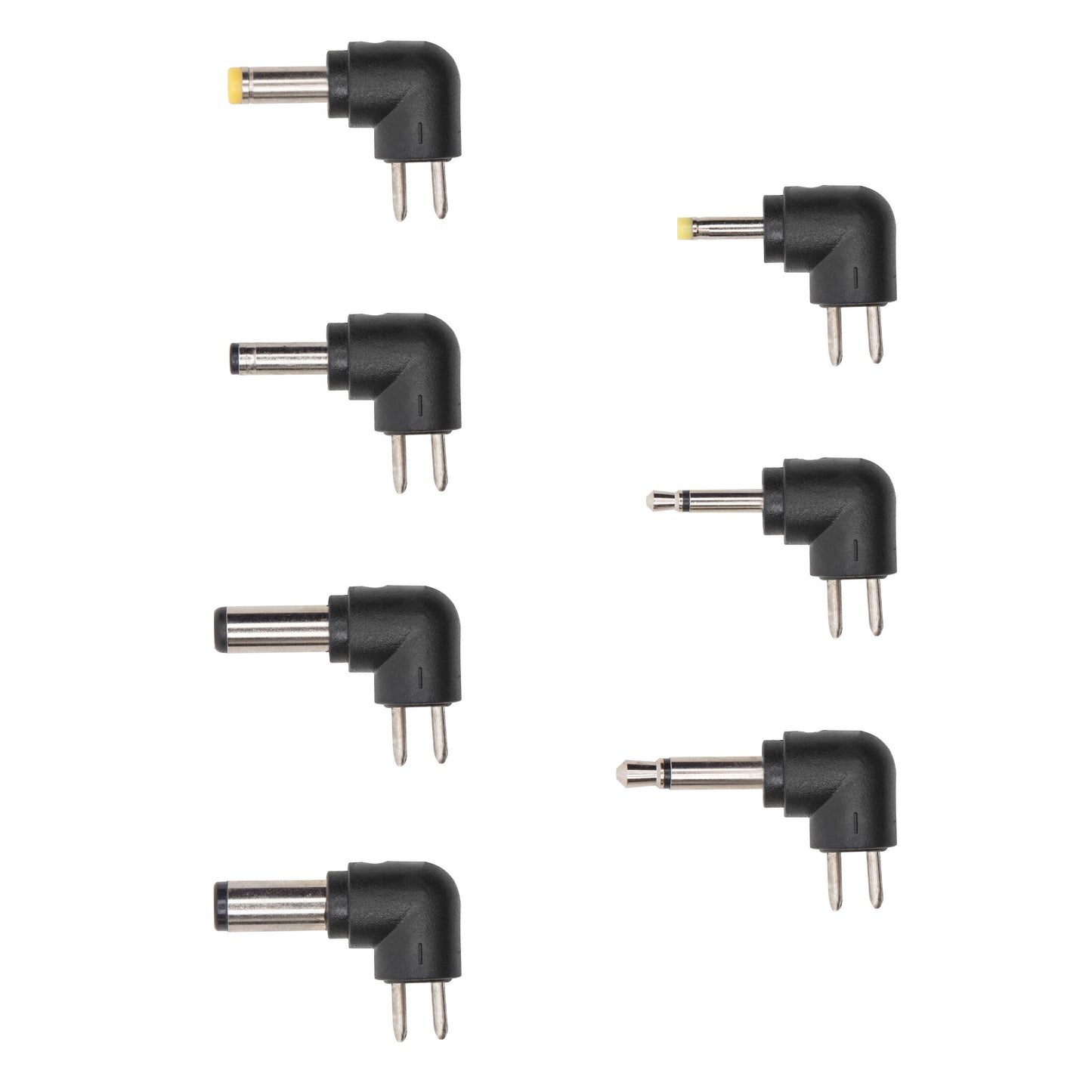 Luxorparts 7-delt DC-vinkeladapter-sæt, sorte stik i forskellige størrelser, sort plast, O-adaptere.