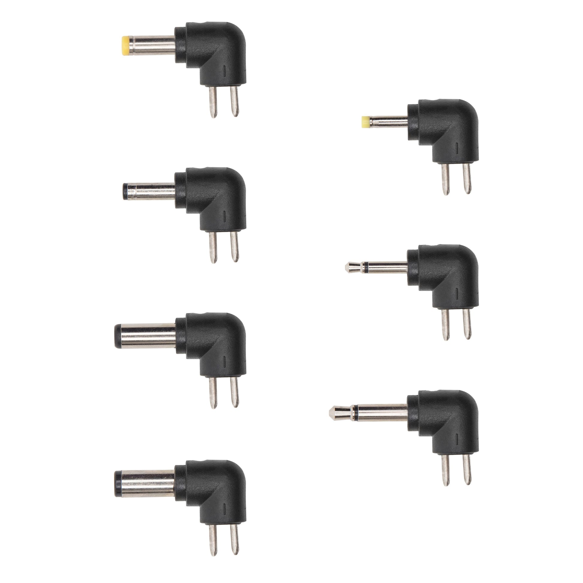 Luxorparts 7-delt DC-vinkeladapter-sæt, sorte stik i forskellige størrelser, sort plast, O-adaptere.
