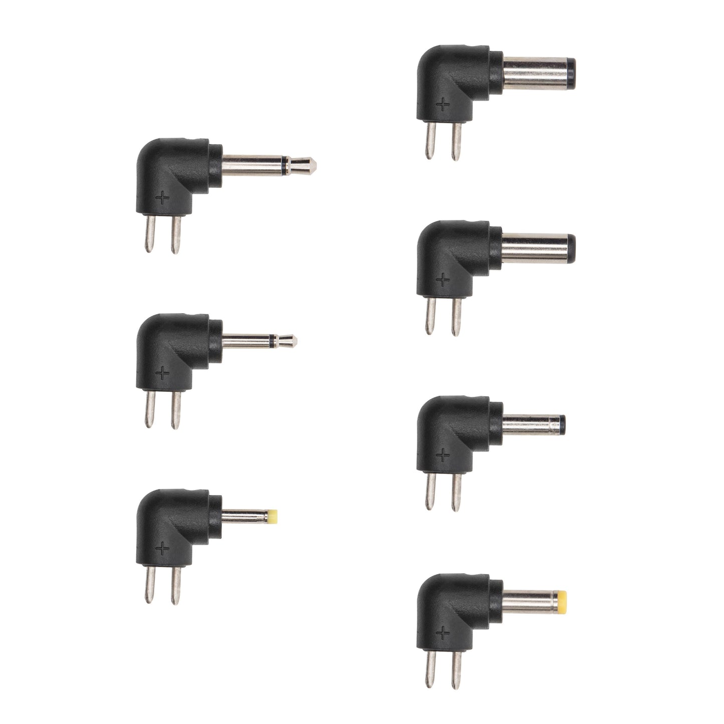 Luxorparts 7 stk sorte vinklede DC-stik O-adaptere med to metalben og forskellig stikform til elektroniske strømforsyninger.