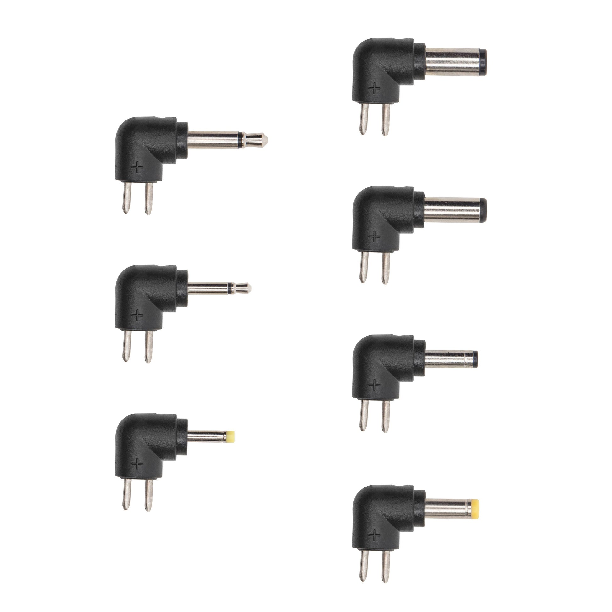 Luxorparts 7 stk sorte vinklede DC-stik O-adaptere med to metalben og forskellig stikform til elektroniske strømforsyninger.