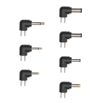Luxorparts 7 stk sorte vinklede DC-stik O-adaptere med to metalben og forskellig stikform til elektroniske strømforsyninger.