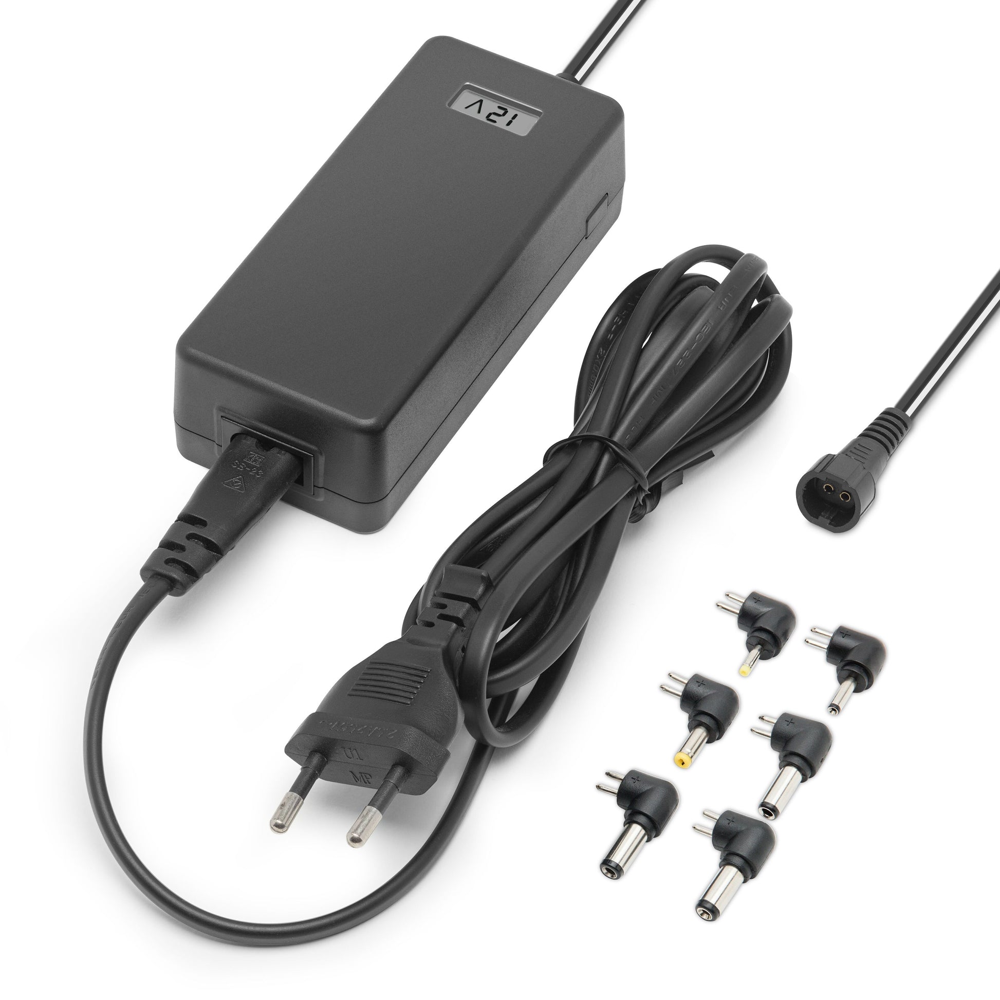 Justerbar netadapter 5-24V DC 36W sort med EU-stik, spiralkabel og 6 udskiftelige stik fra Luxorparts.