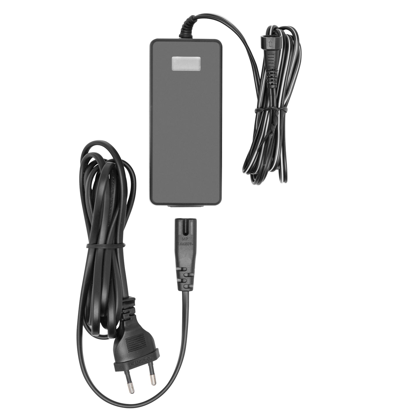 Justerbar netadapter 5-24 V DC 36 W sort med fastmonteret kabel, topunktsstik og separat strømkabel.