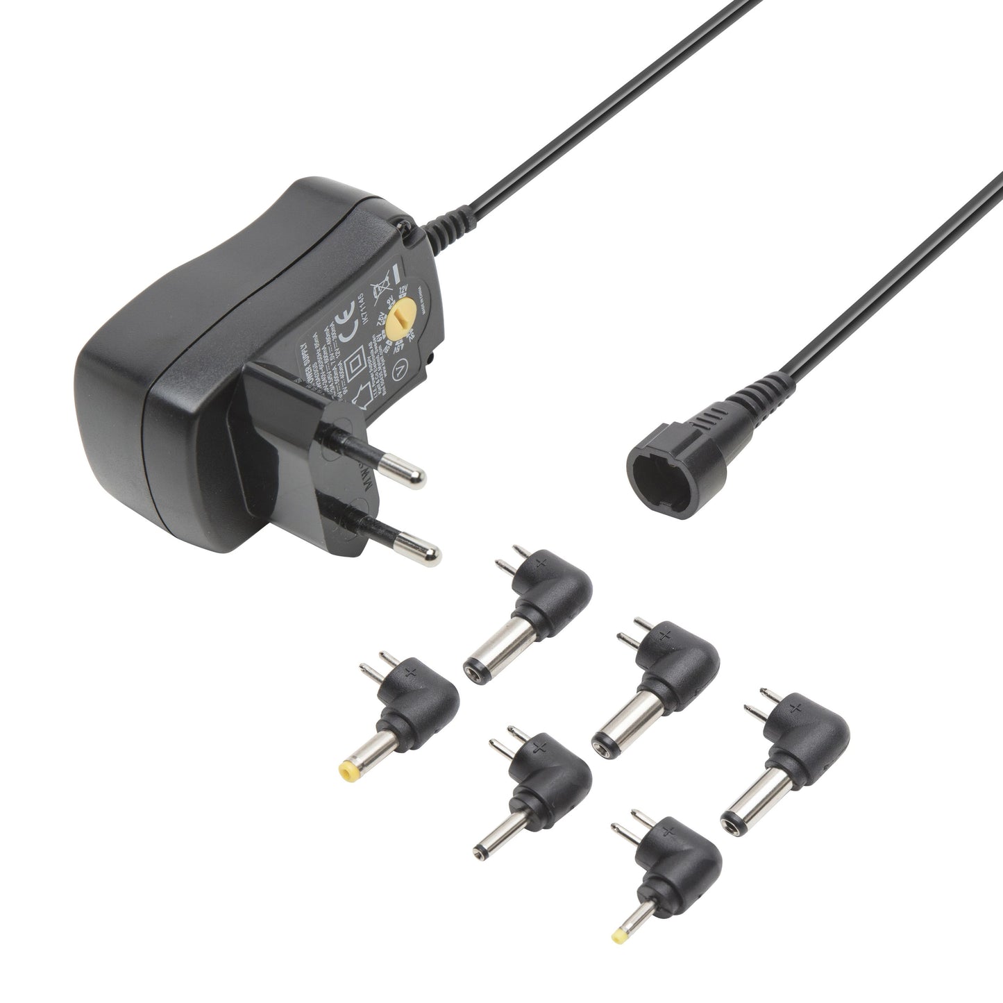 Sort Justerbar netadapter 3-12 V DC 7,2 W med aftagelig ledning og 6 udskiftelige stik i to rækker under adapteren.