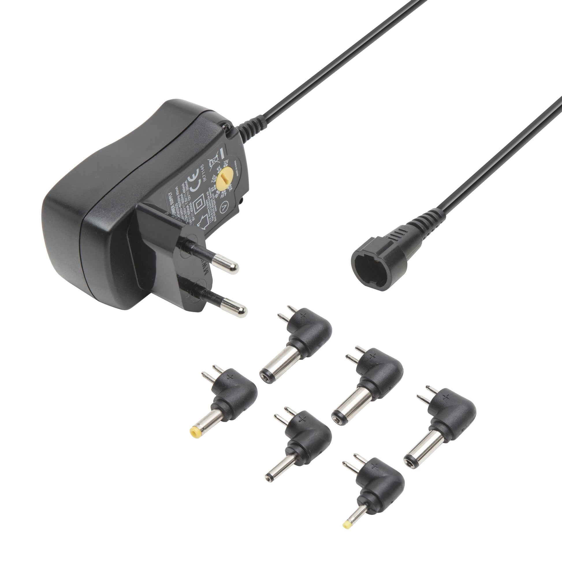 Sort Justerbar netadapter 3-12 V DC 7,2 W med aftagelig ledning og 6 udskiftelige stik i to rækker under adapteren.