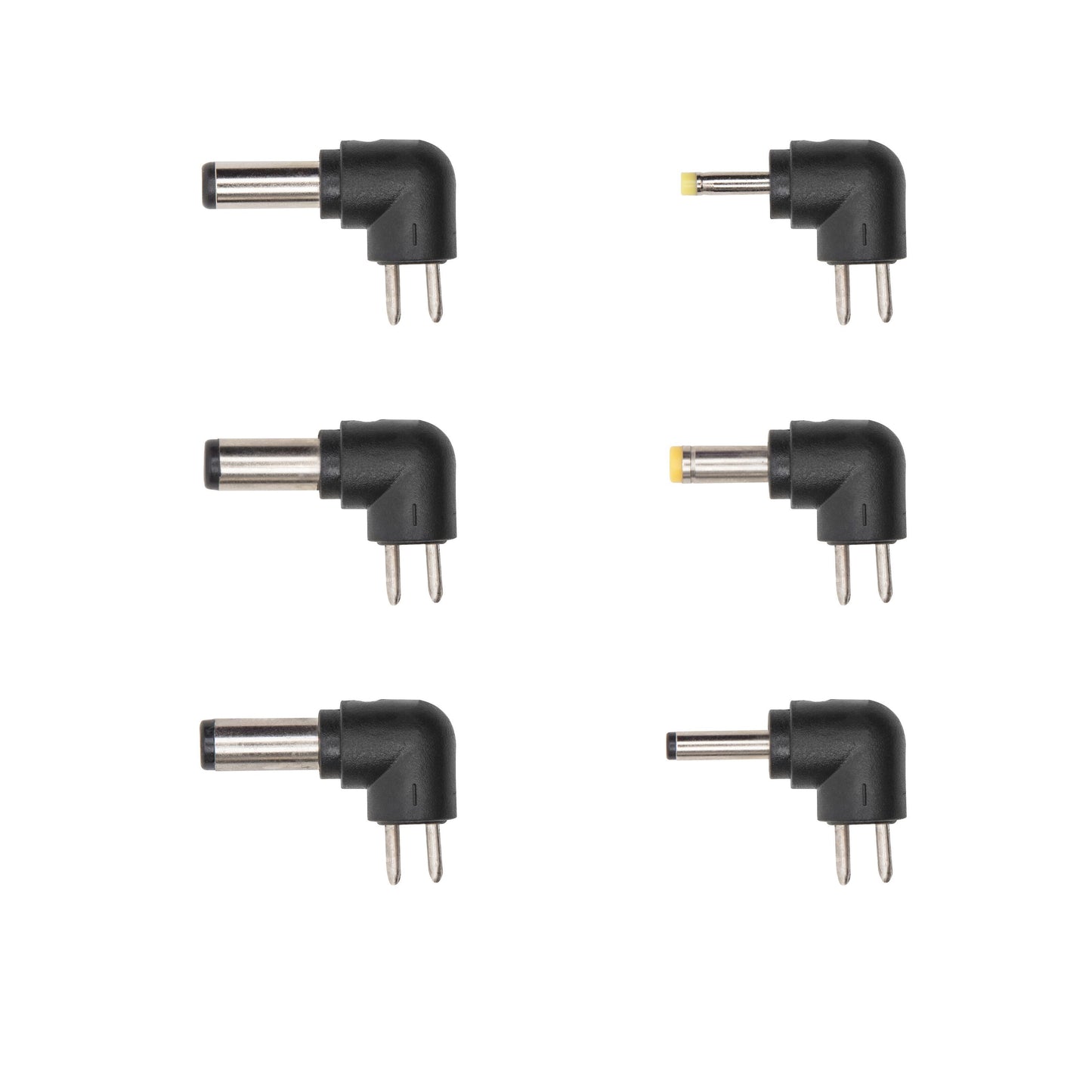6 slags retvinklede adapterstik med metalben, til med gule ender, til Justerbar netadapter 3-12V DC 7,2W.