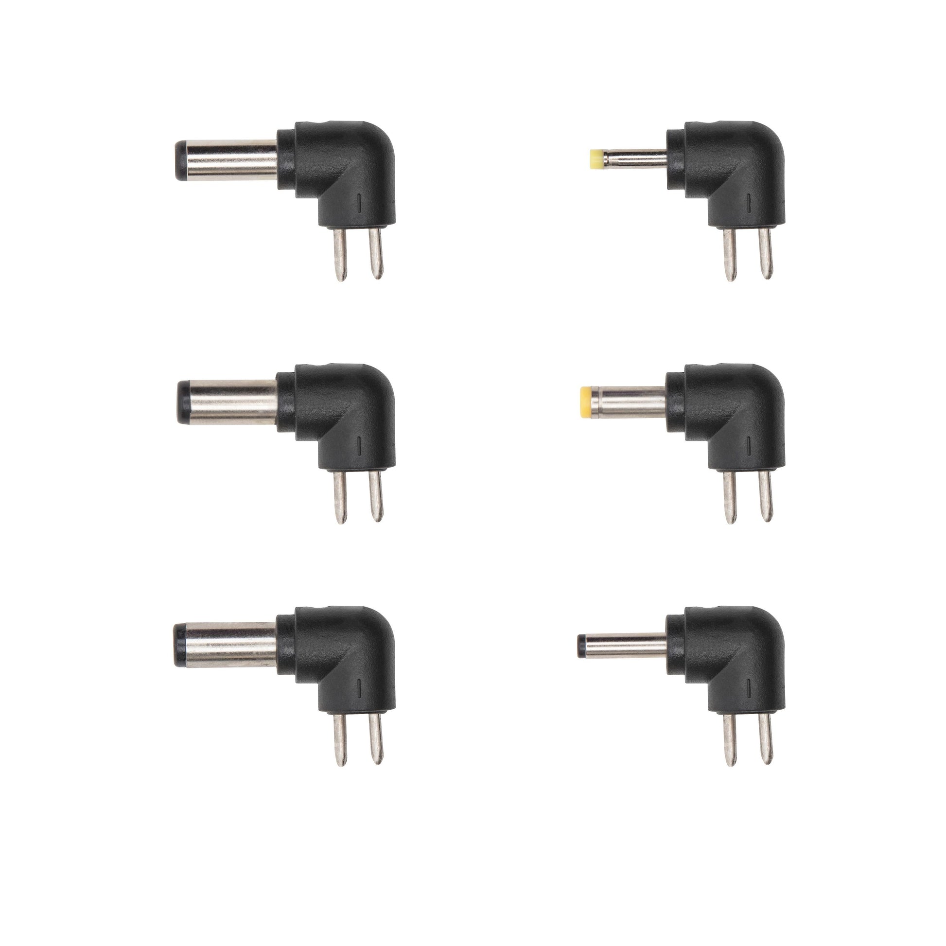 6 slags retvinklede adapterstik med metalben, til med gule ender, til Justerbar netadapter 3-12V DC 7,2W.